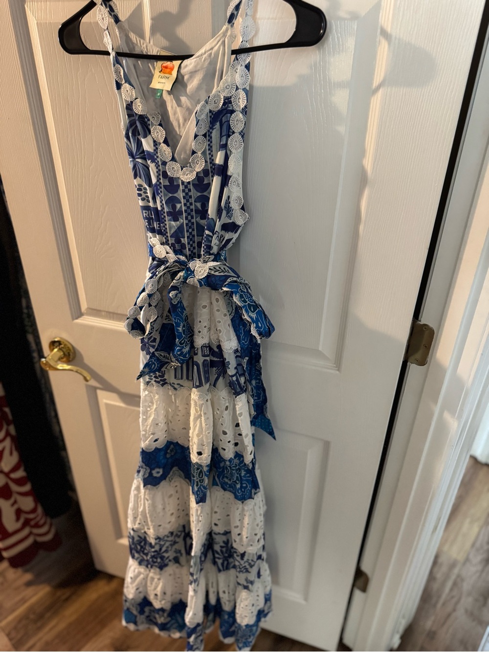 SOLD OUT FARM Rio Blue & White Floral Tiered Maxi Dress with Tie Waist - Picture 4 of 6